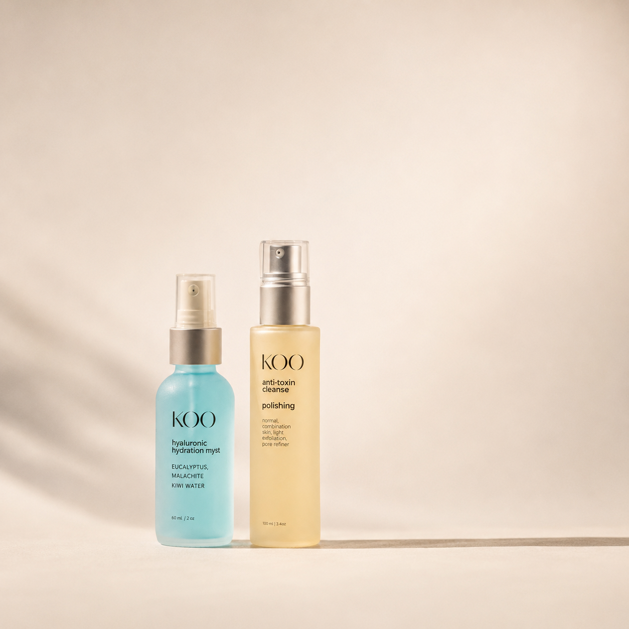 The Koo Preparation: Hyaluronic Hydration Myst and Polishing Cleanser shown together, the two-step routine formulated by plastic surgeon Dr. Michele Koo.