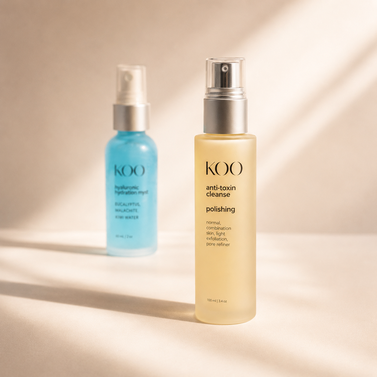 The Koo Preparation Polishing Cleanser and Hyaluronic Hydration Myst in soft directional daylight — an editorial view of the physician-designed pairing.